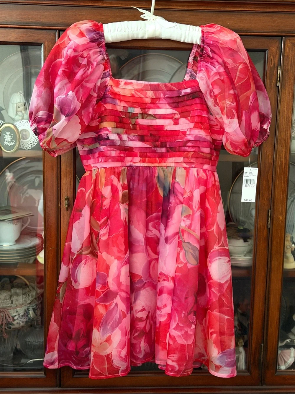 New Girls Dress Red & Pink Floral Puff-Sleeve Size 12